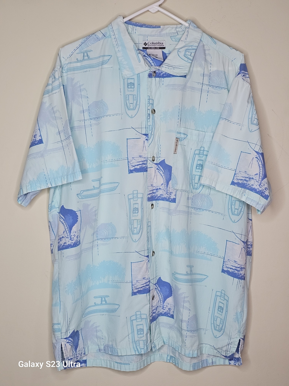 Columbia Light Aqua and Navy Nautical Button-Up Shirt L